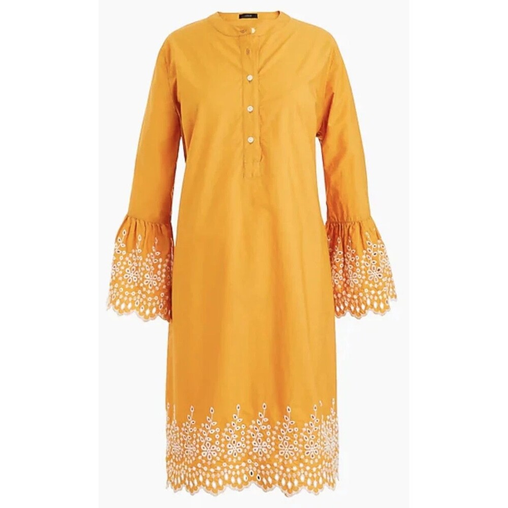J CREW shift dress M Boho Bell Sleeve Eyelet Embroidery Cotton Yellow Gold